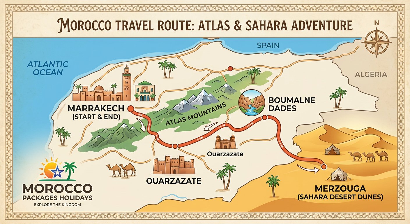 Map of the 6-Day Morocco desert tour route starting in Marrakech, traveling through Boumalne Dades, Merzouga, and Ouarzazate, curated by Morocco Packages Holidays.